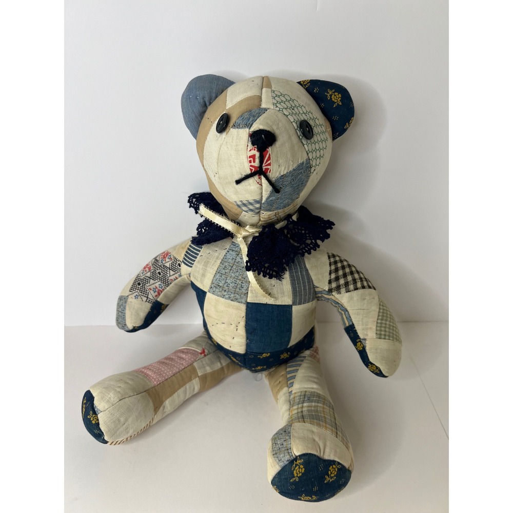 Vintage Handmade Quilted Patchwork Primitive Bear Collar Blue White 17" Flaws